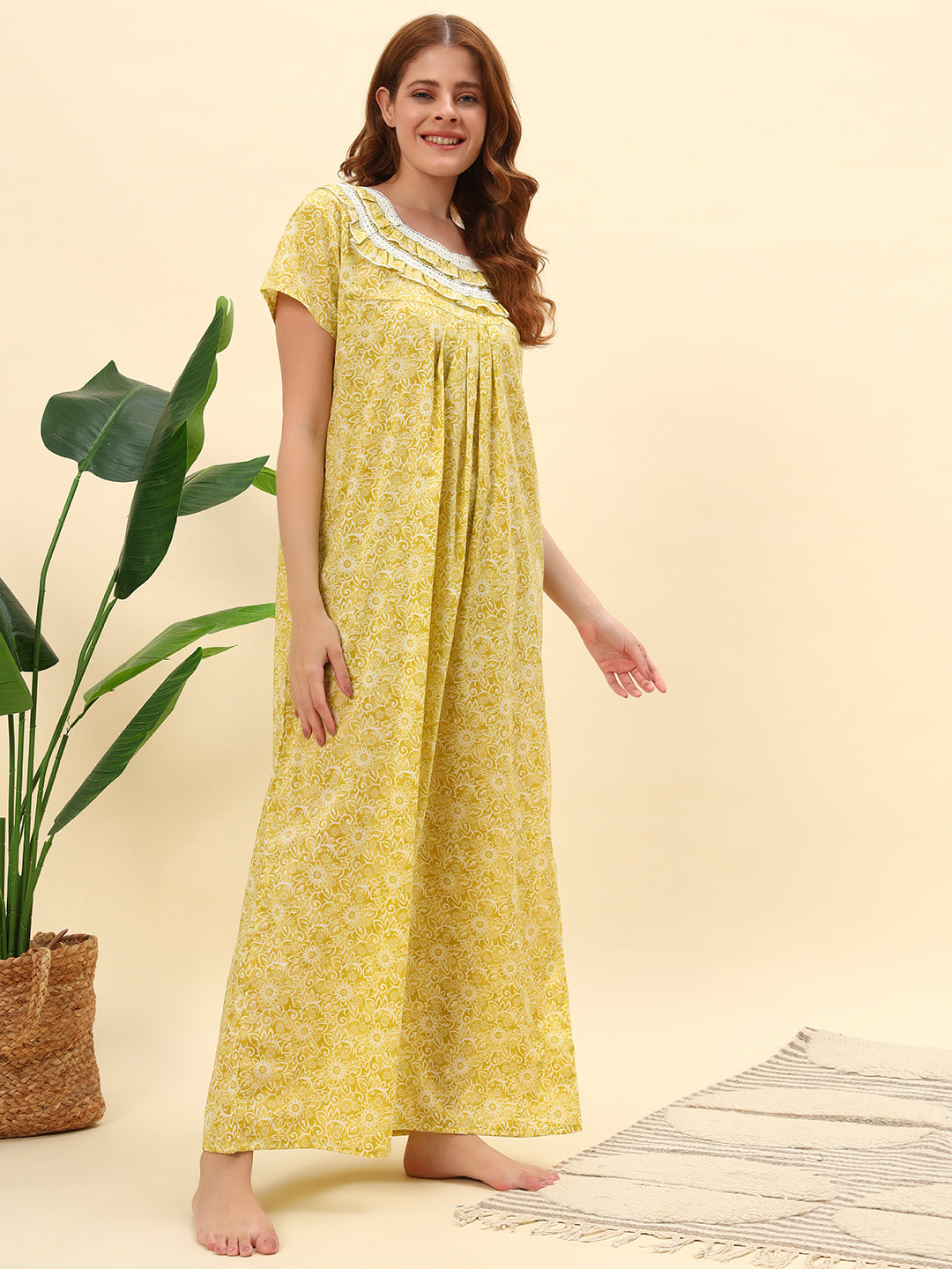 Yellow Printed Cotton Night Gown with Lace Neck – Comfortable Maxi Nightwear for Women