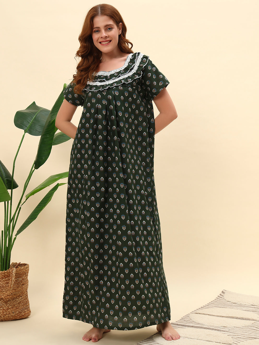 💚 Dark Green Printed Cotton Night Gown with Lace Neck – Comfortable Maxi Nightwear for Women