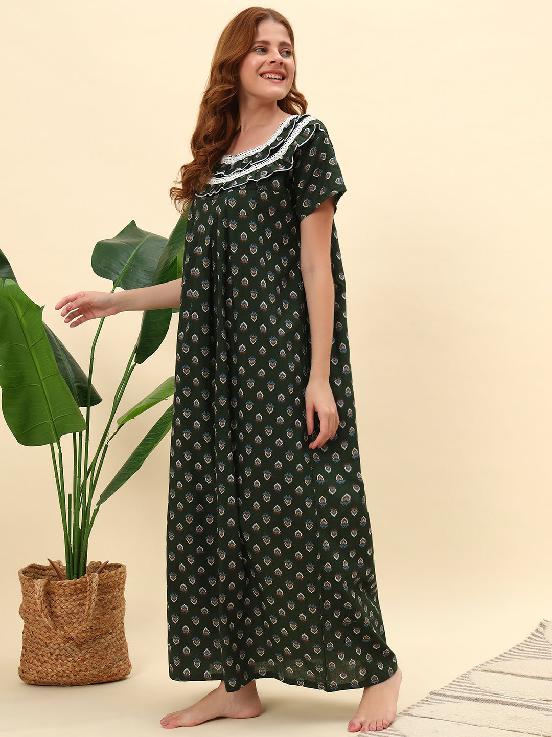 💚 Dark Green Printed Cotton Night Gown with Lace Neck – Comfortable Maxi Nightwear for Women