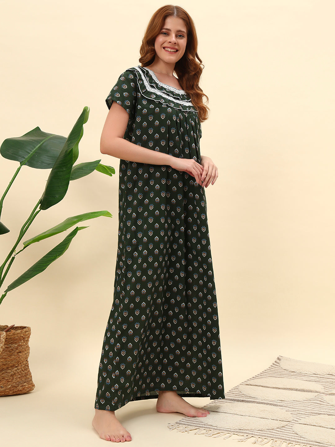 💚 Dark Green Printed Cotton Night Gown with Lace Neck – Comfortable Maxi Nightwear for Women