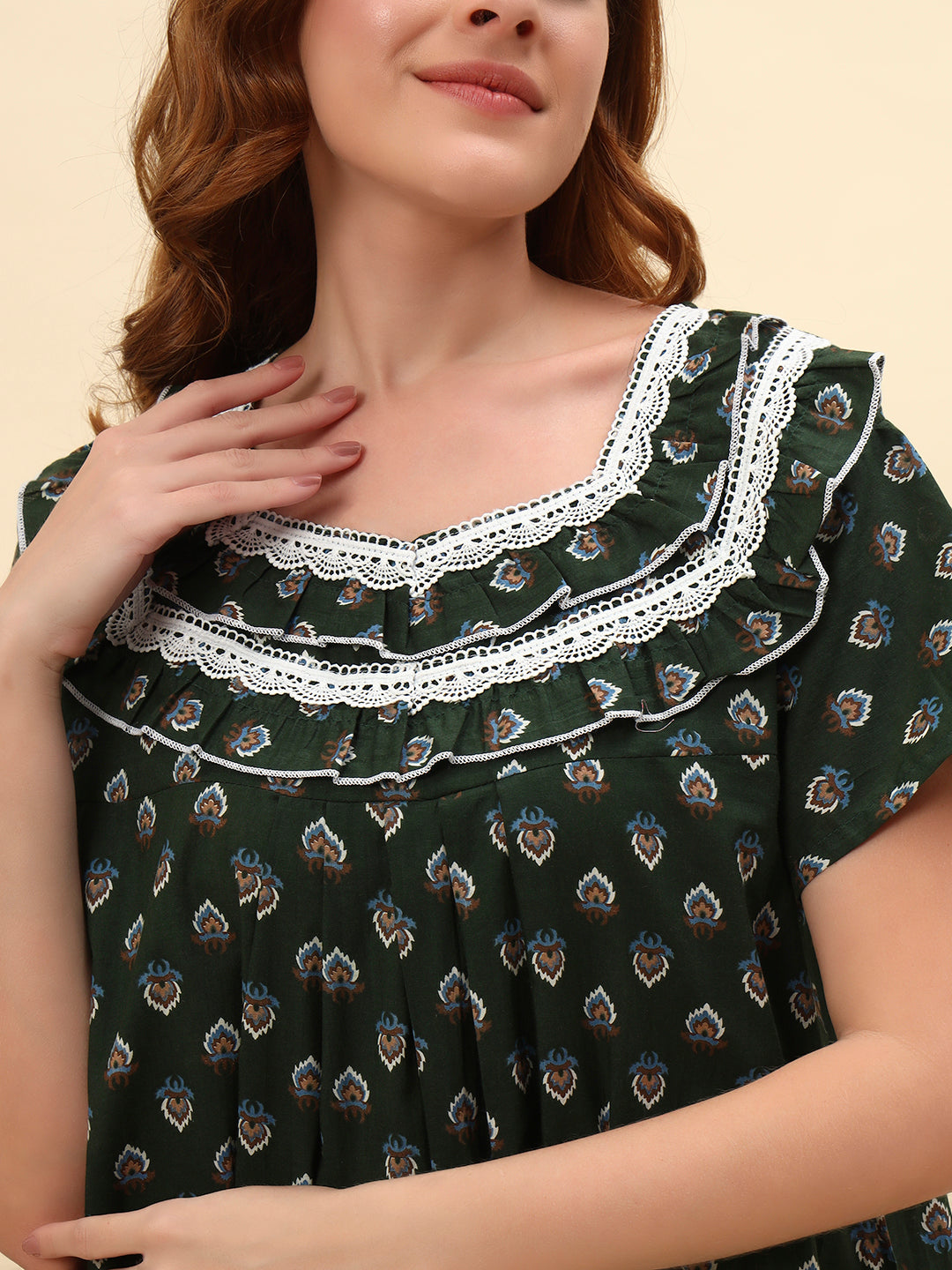 💚 Dark Green Printed Cotton Night Gown with Lace Neck – Comfortable Maxi Nightwear for Women