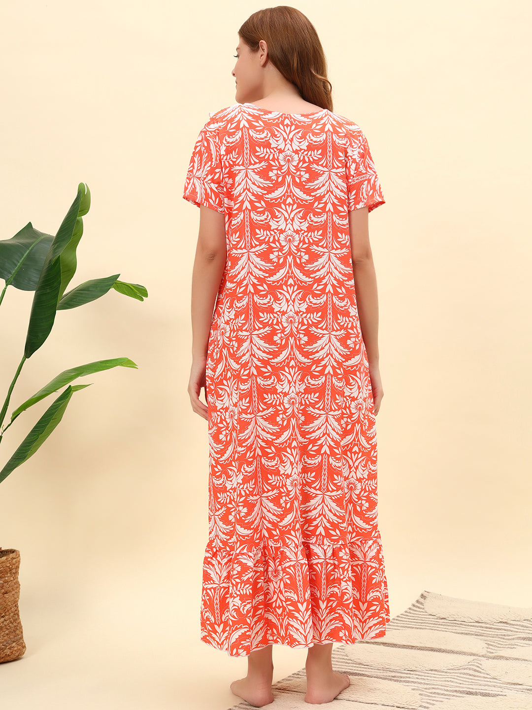 Orange With Lace Neck Floral Printed Cotton Maxi Night Gown for Women
