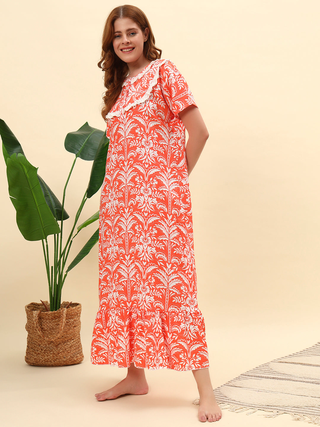 Orange With Lace Neck Floral Printed Cotton Maxi Night Gown for Women
