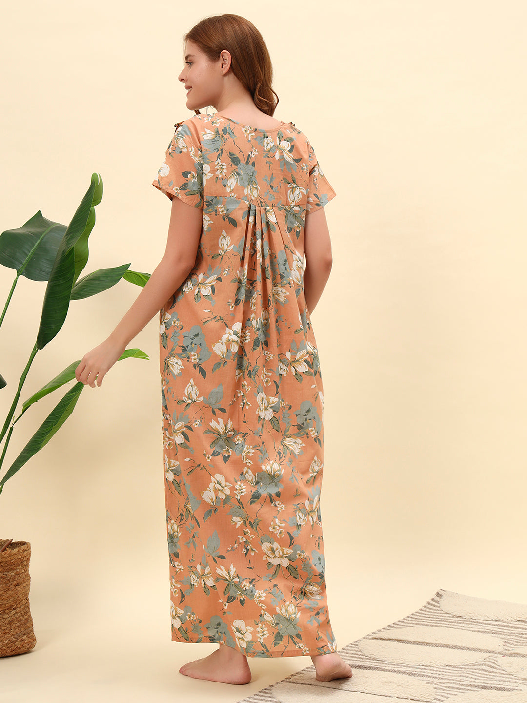 Peach Floral Printed Cotton Night Gown with Lace Neck – Comfortable Maxi Nightwear for Women