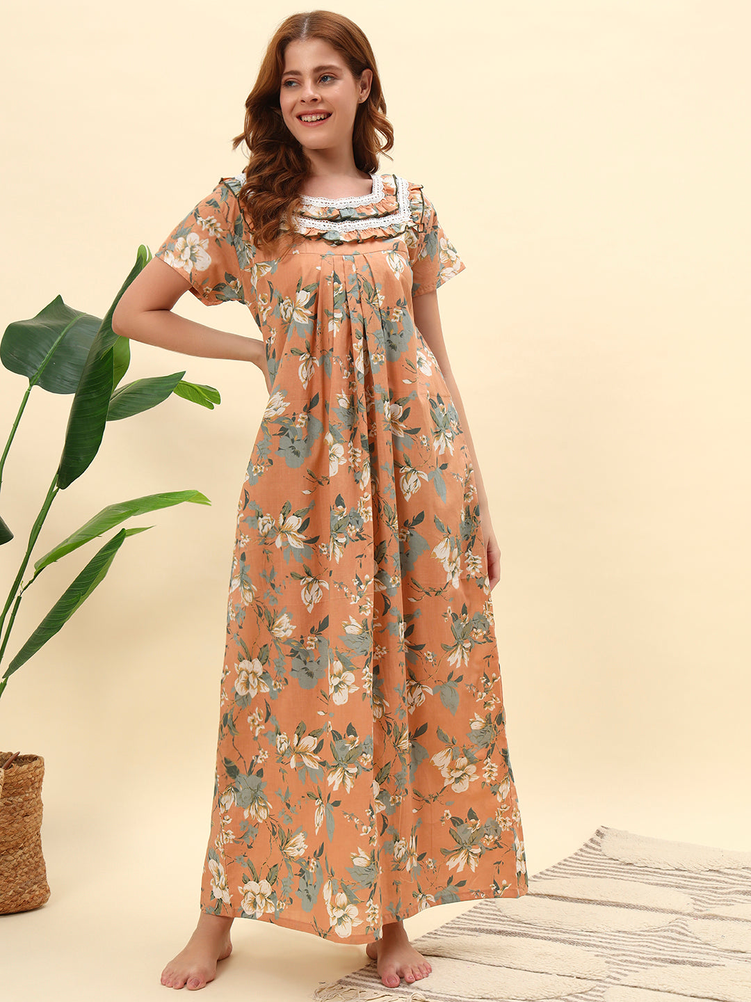 Peach Floral Printed Cotton Night Gown with Lace Neck – Comfortable Maxi Nightwear for Women