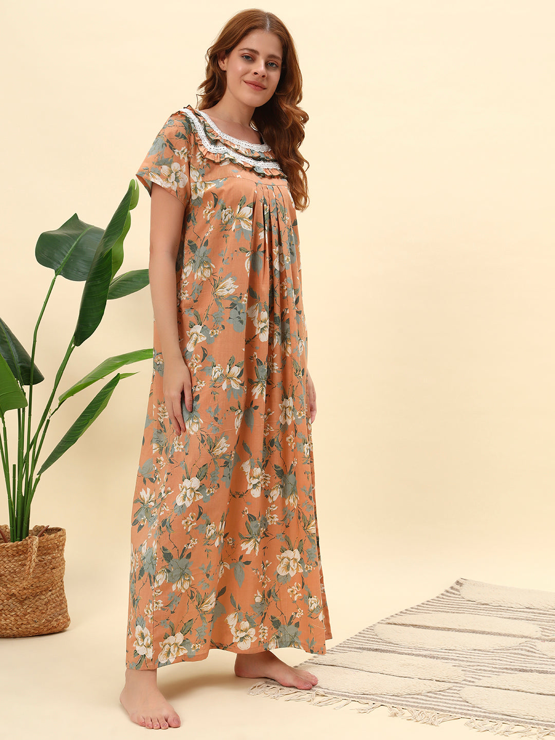 Peach Floral Printed Cotton Night Gown with Lace Neck – Comfortable Maxi Nightwear for Women