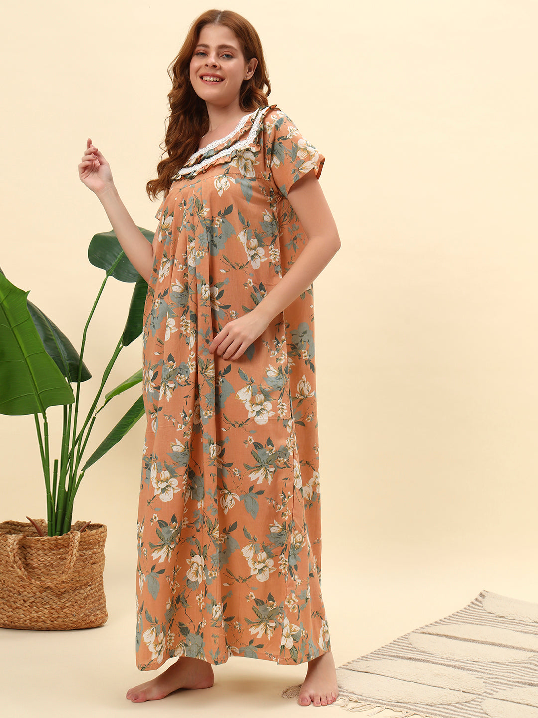 Peach Floral Printed Cotton Night Gown with Lace Neck – Comfortable Maxi Nightwear for Women