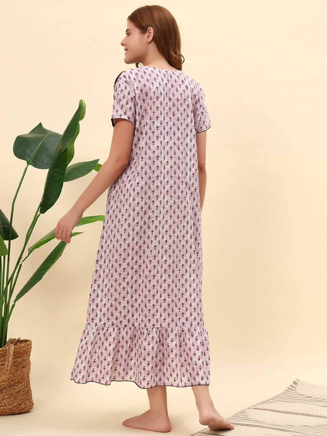 Mauve Printed With Frill Neck Cotton Maxi Nightwear for Women