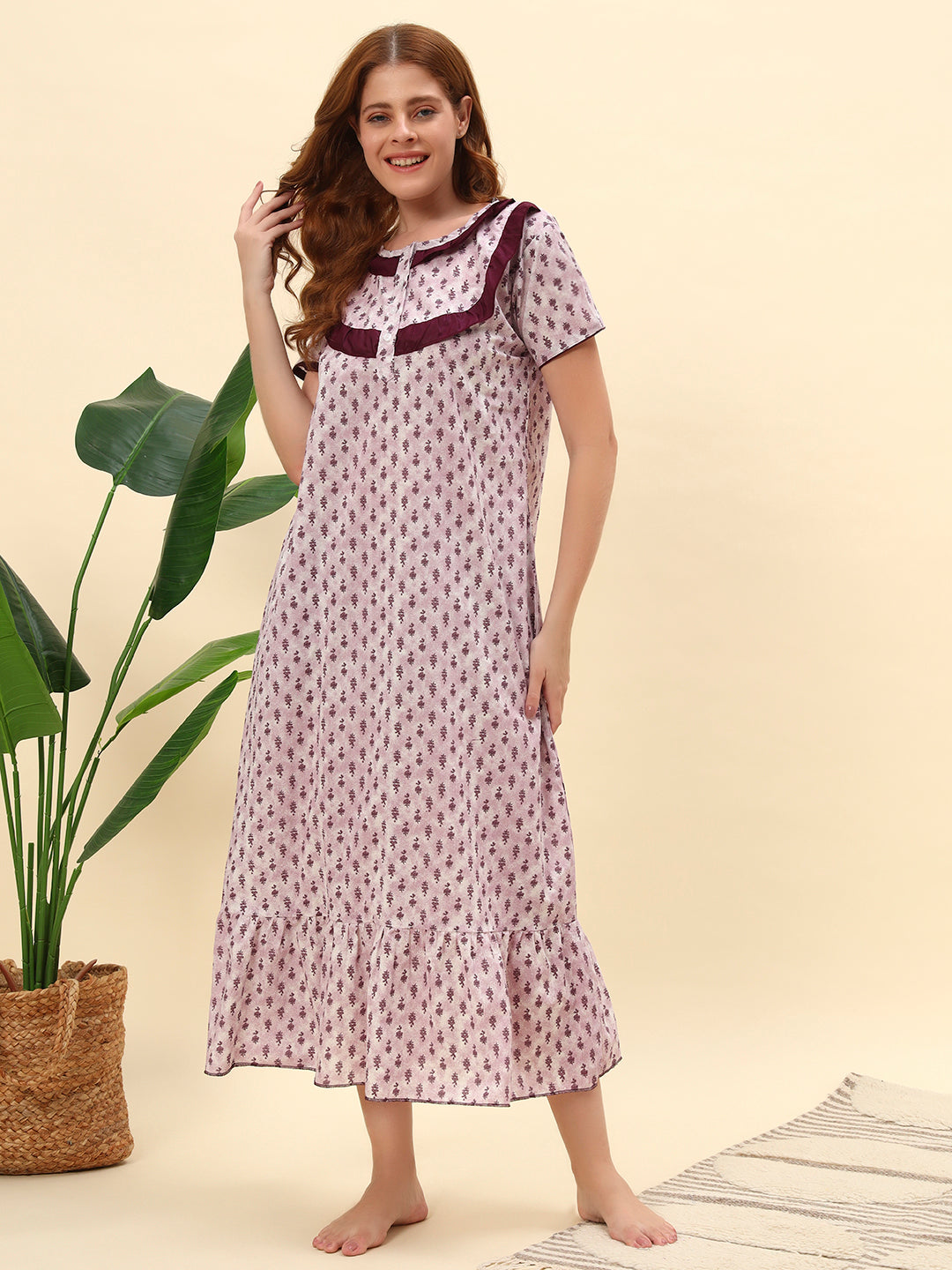 🤍 Mauve Printed Cotton Night Gown with Contrast Frill Neck – Comfortable Maxi Nightwear for Women