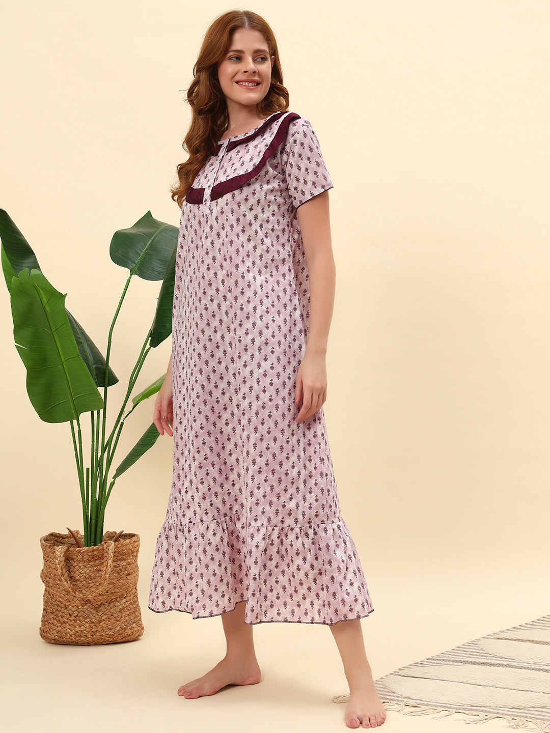 Mauve Printed With Frill Neck Cotton Maxi Nightwear for Women