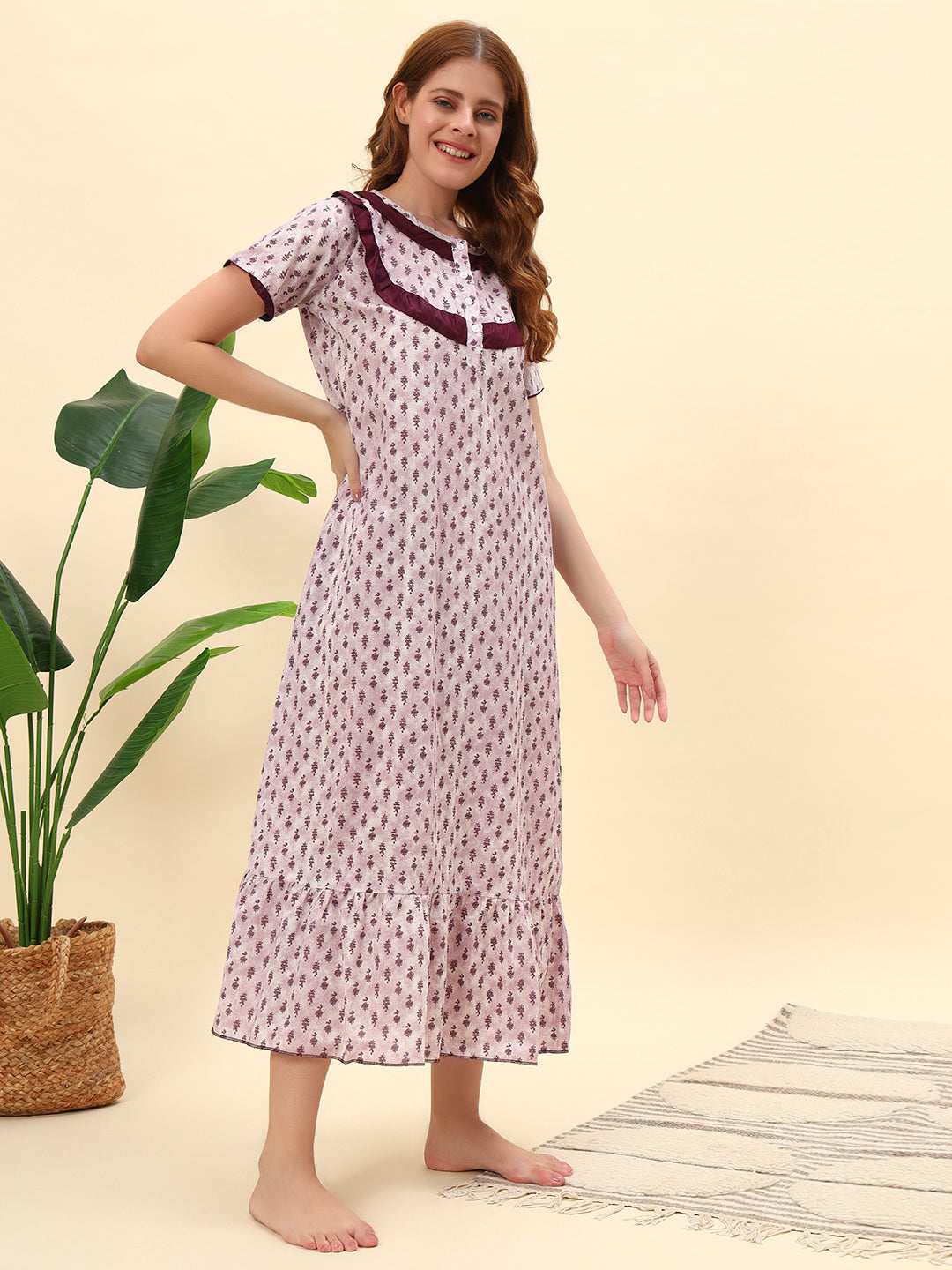 Mauve Printed With Frill Neck Cotton Maxi Nightwear for Women