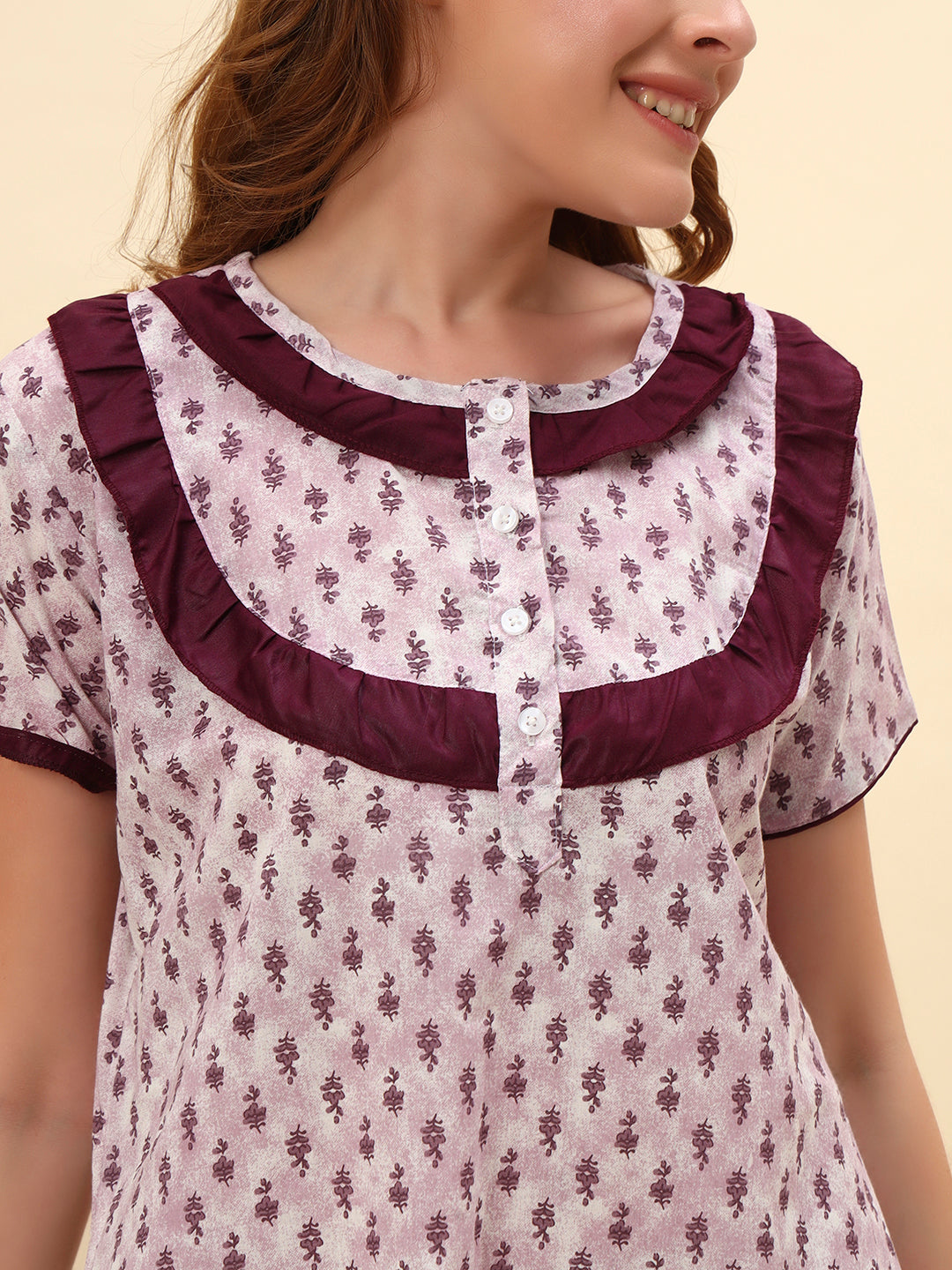 Mauve Printed With Frill Neck Cotton Maxi Nightwear for Women