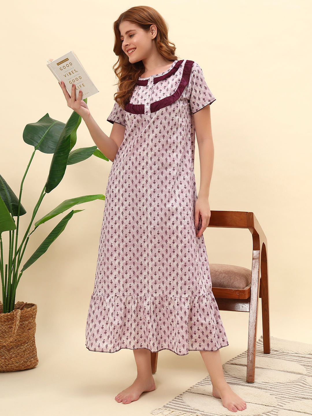 🤍 Mauve Printed Cotton Night Gown with Contrast Frill Neck – Comfortable Maxi Nightwear for Women