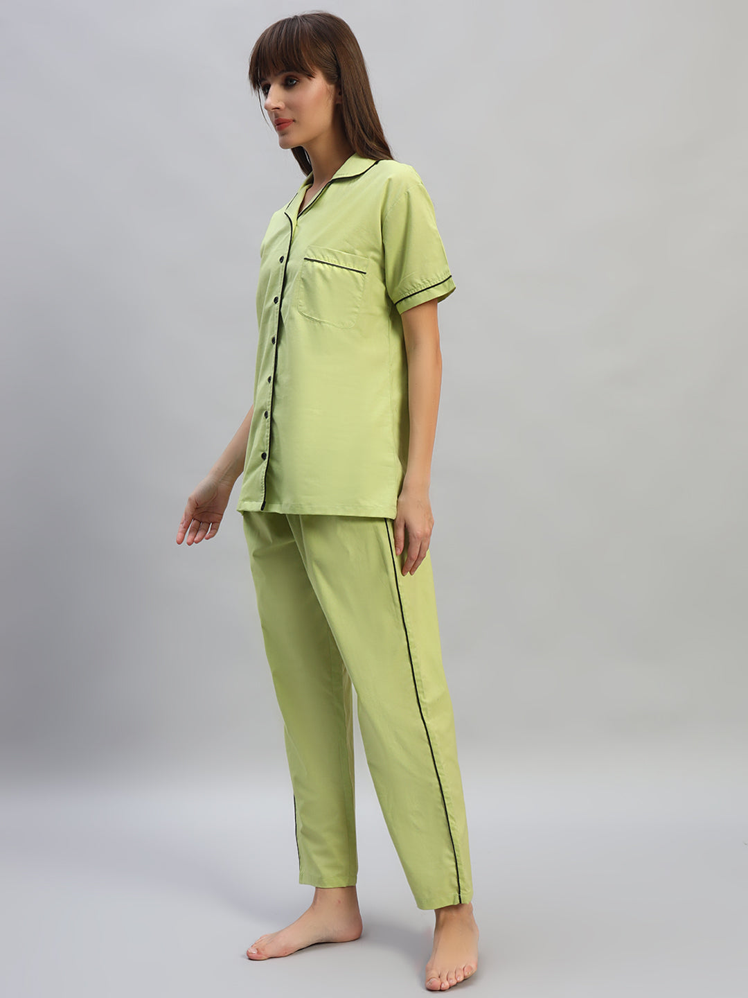 Women's Solid Cotton Night Suit Set – Light Green Sleepwear