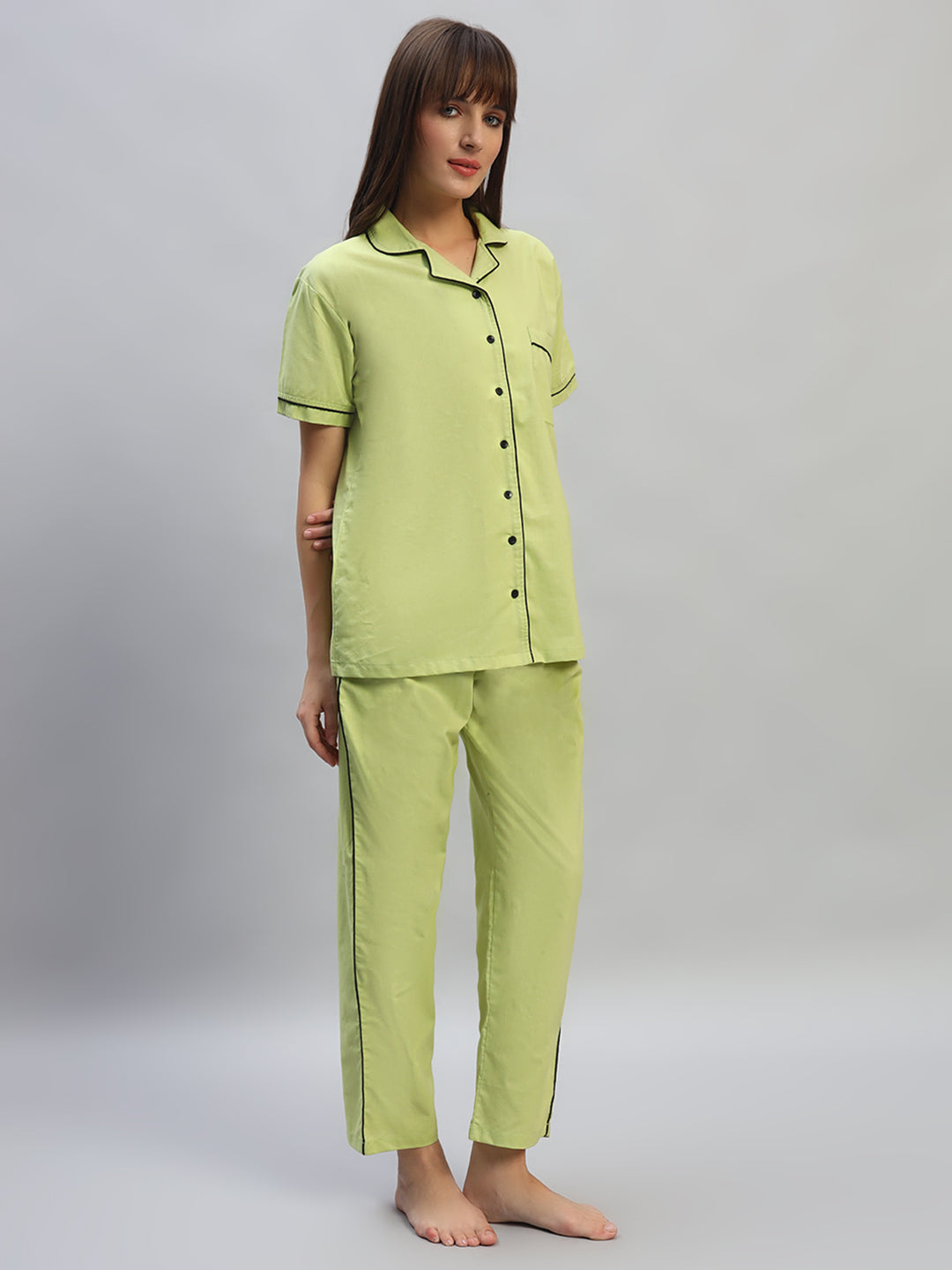 Women's Solid Cotton Night Suit Set – Light Green Sleepwear