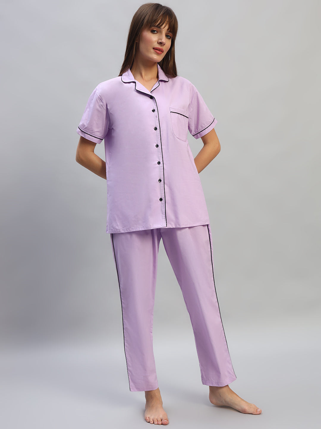 💜 Women Solid Cotton Night Suit Set – Lavender Sleepwear