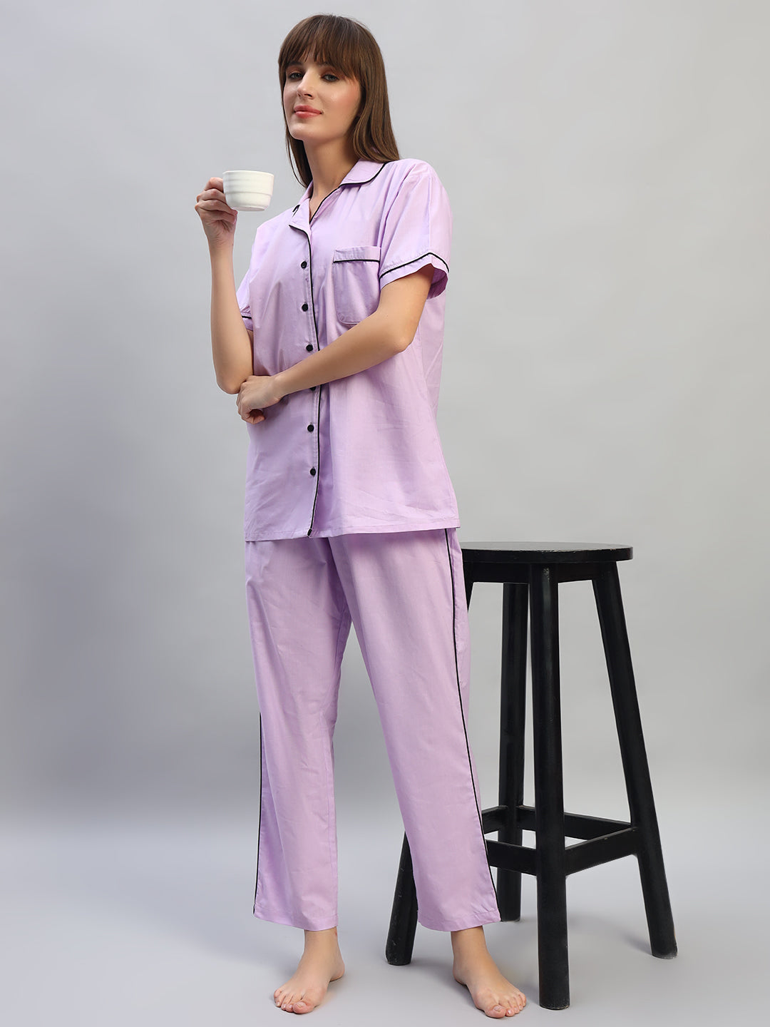 💜 Women Solid Cotton Night Suit Set – Lavender Sleepwear