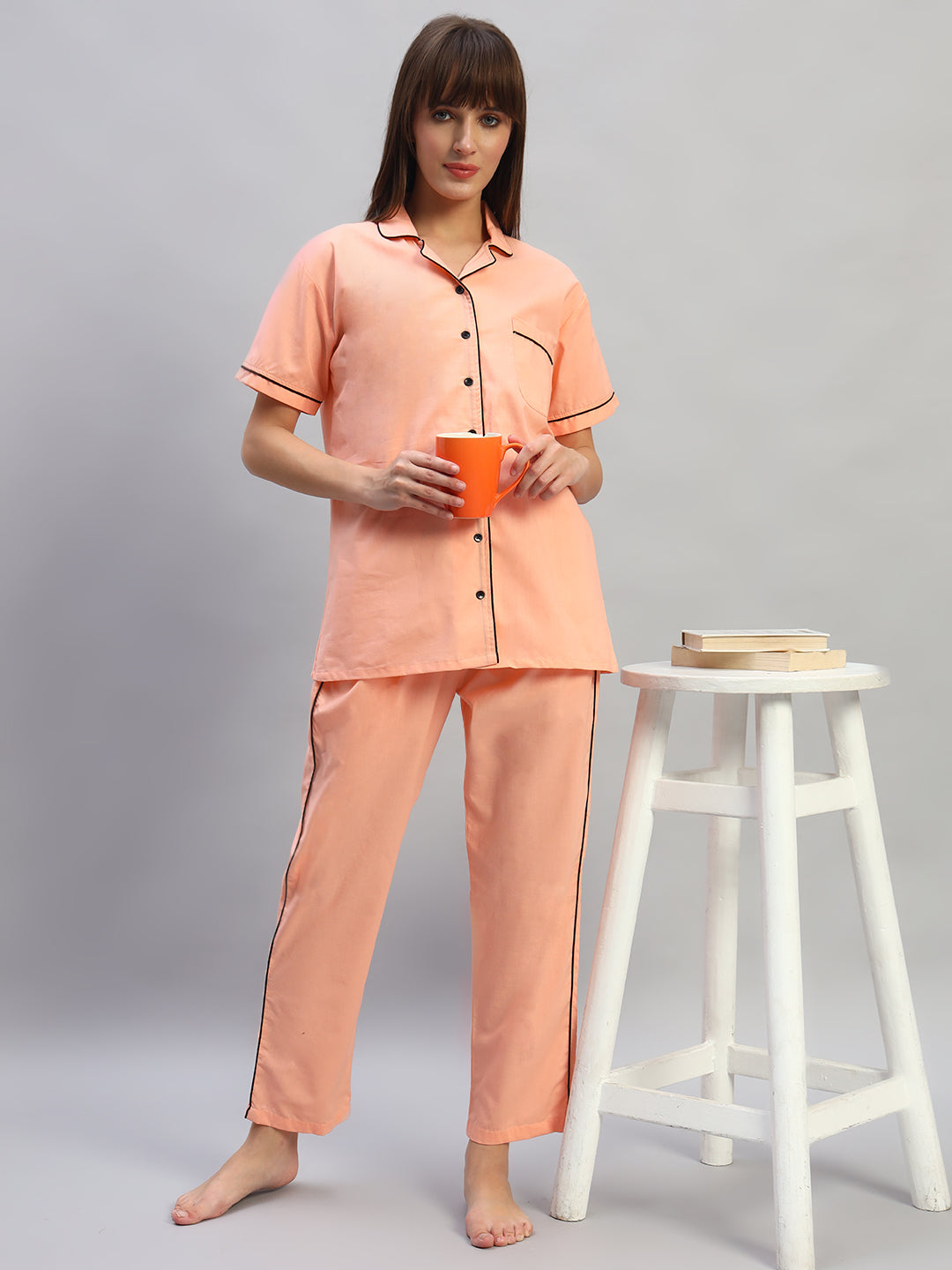 🧡 Women Solid Cotton Night Suit Set – Peach Sleepwear