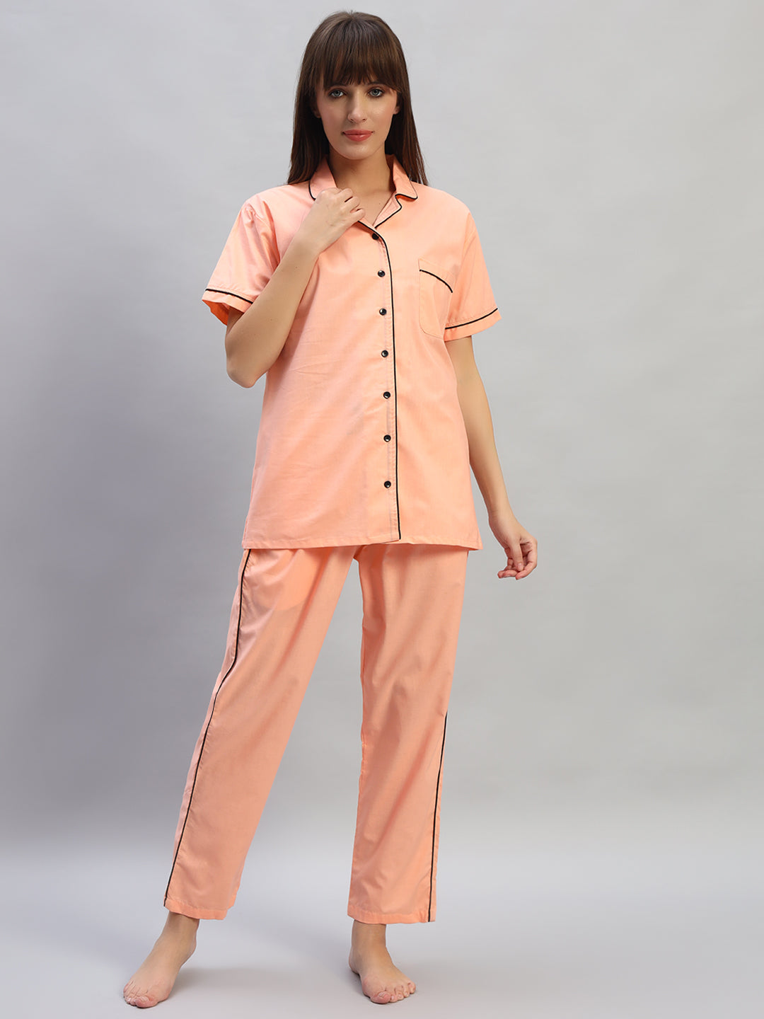 🧡 Women Solid Cotton Night Suit Set – Peach Sleepwear