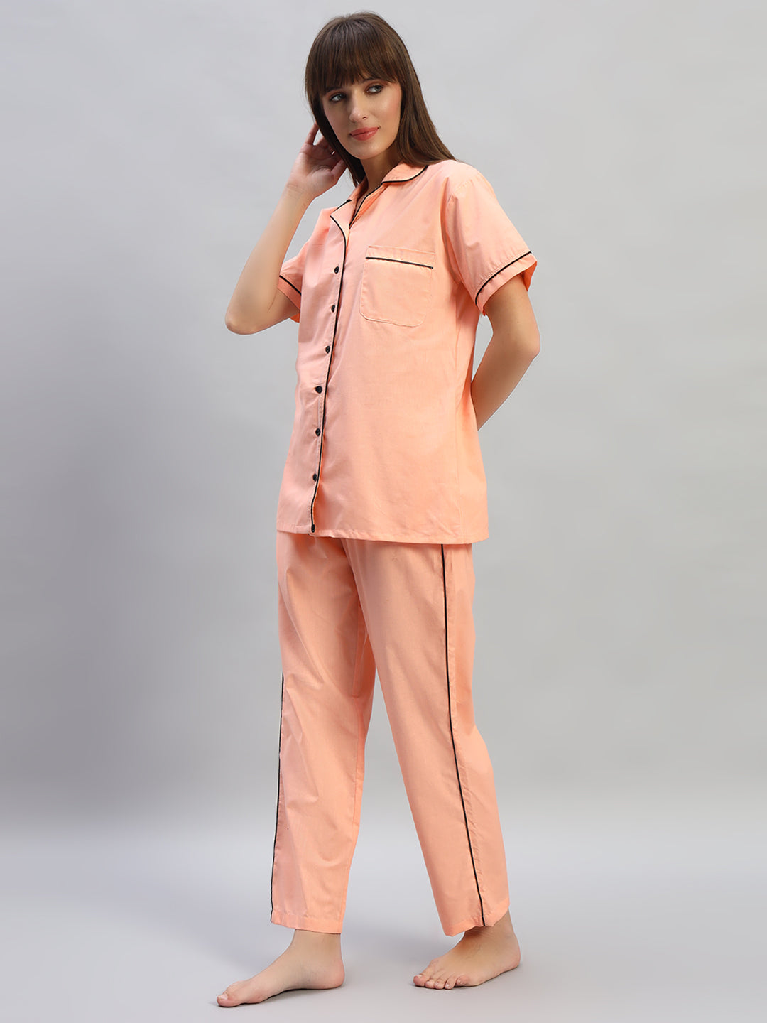 🧡 Women Solid Cotton Night Suit Set – Peach Sleepwear
