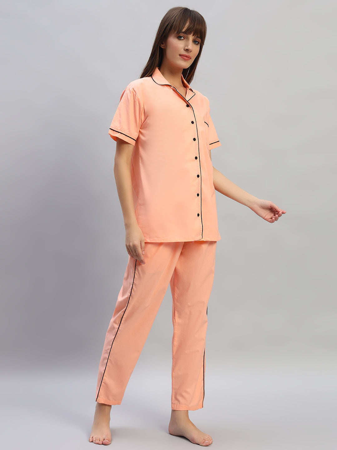 🧡 Women Solid Cotton Night Suit Set – Peach Sleepwear