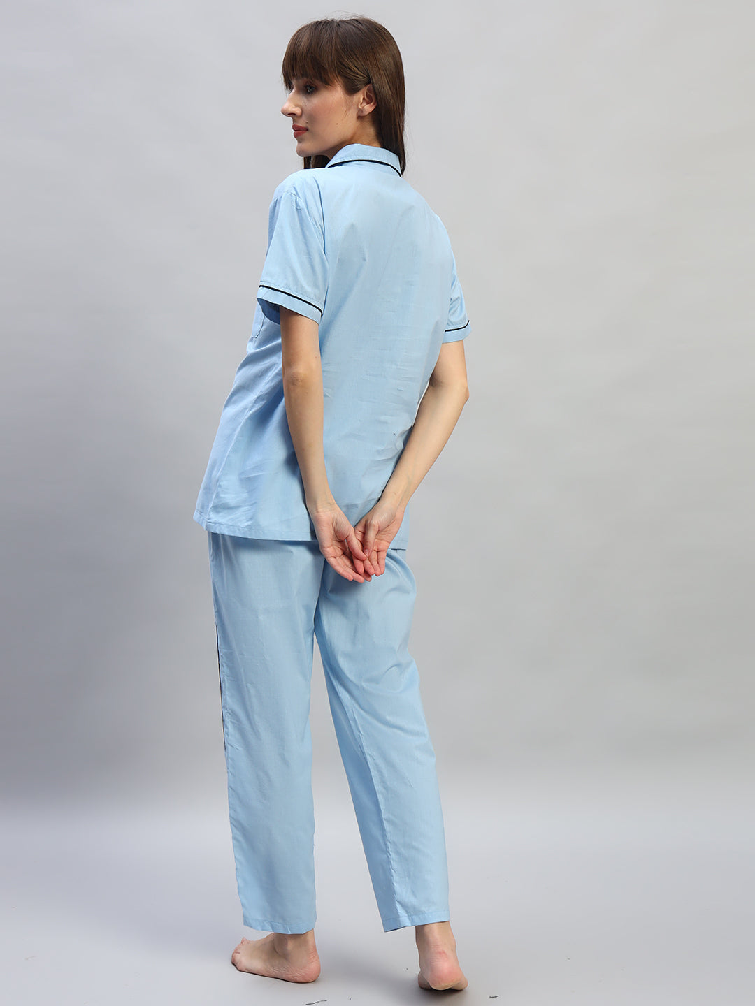 💙 Women Solid Cotton Night Suit Set – Light Blue Sleepwear