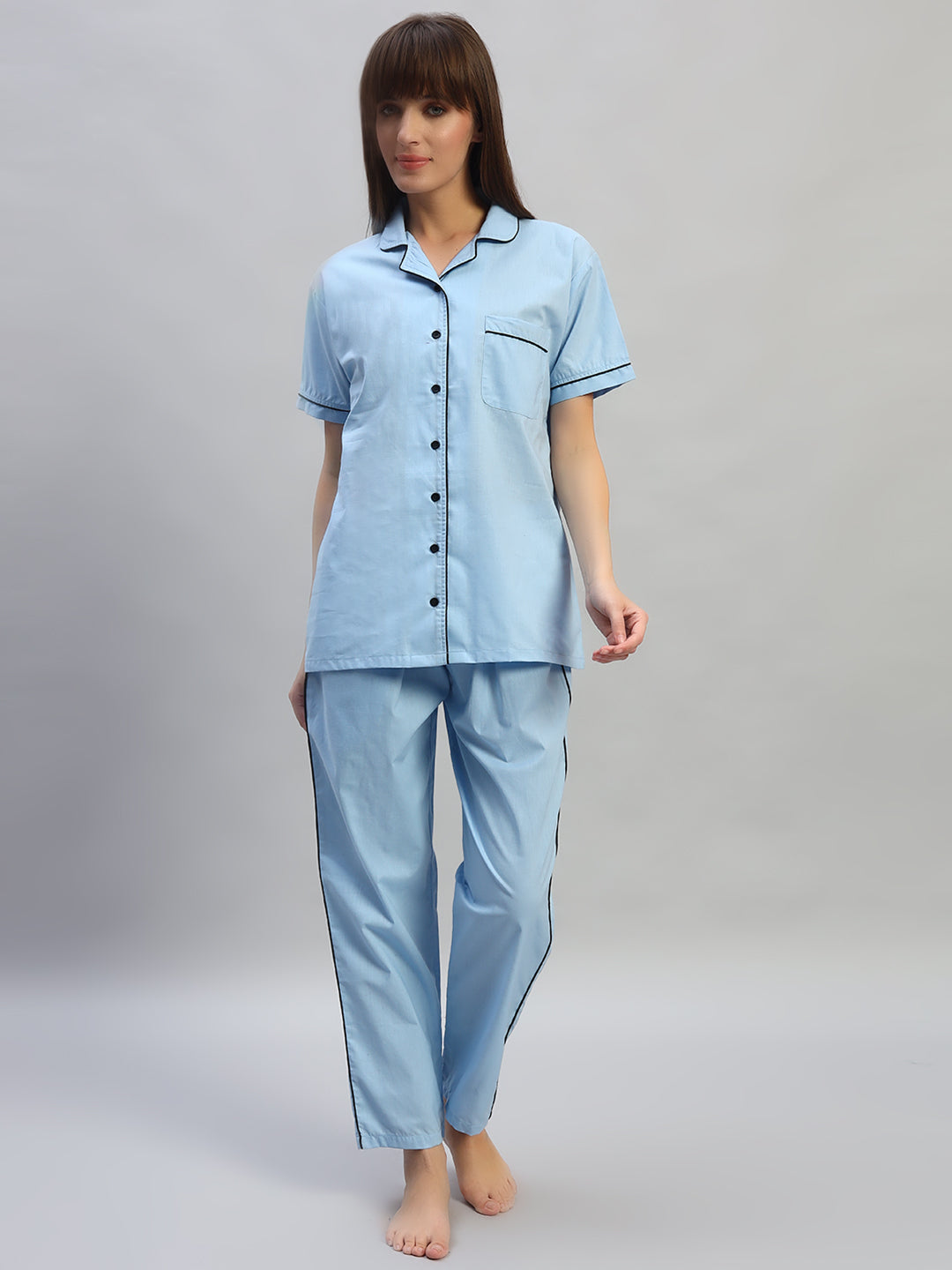 💙 Women Solid Cotton Night Suit Set – Light Blue Sleepwear