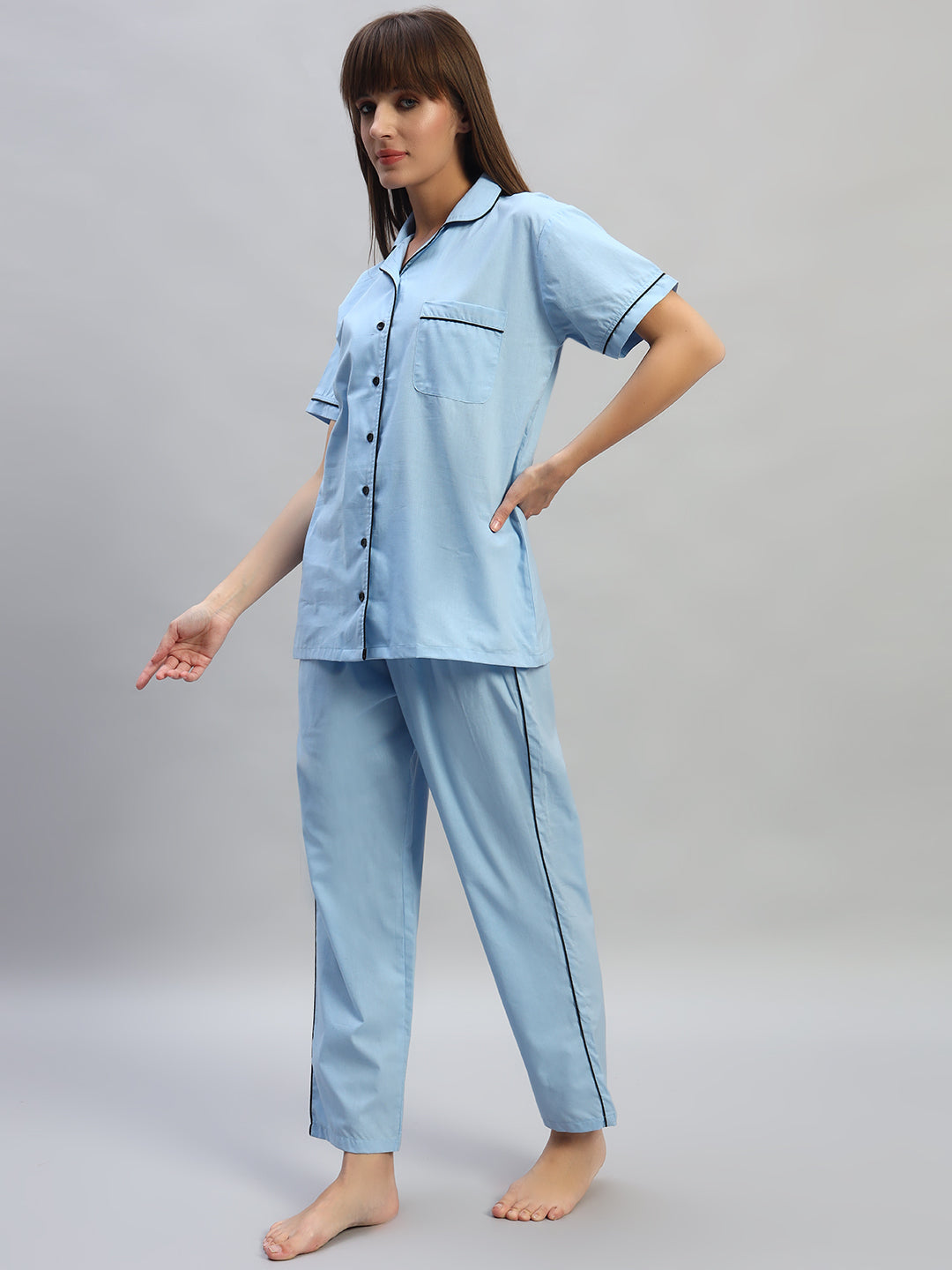 💙 Women Solid Cotton Night Suit Set – Light Blue Sleepwear