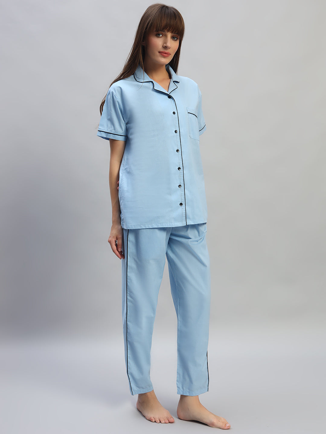 💙 Women Solid Cotton Night Suit Set – Light Blue Sleepwear