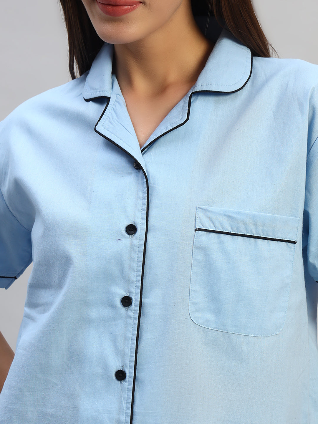 💙 Women Solid Cotton Night Suit Set – Light Blue Sleepwear