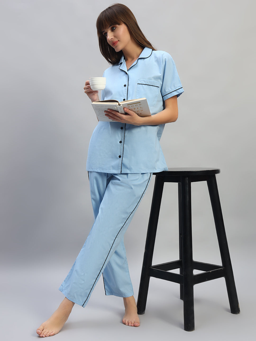 💙 Women Solid Cotton Night Suit Set – Light Blue Sleepwear