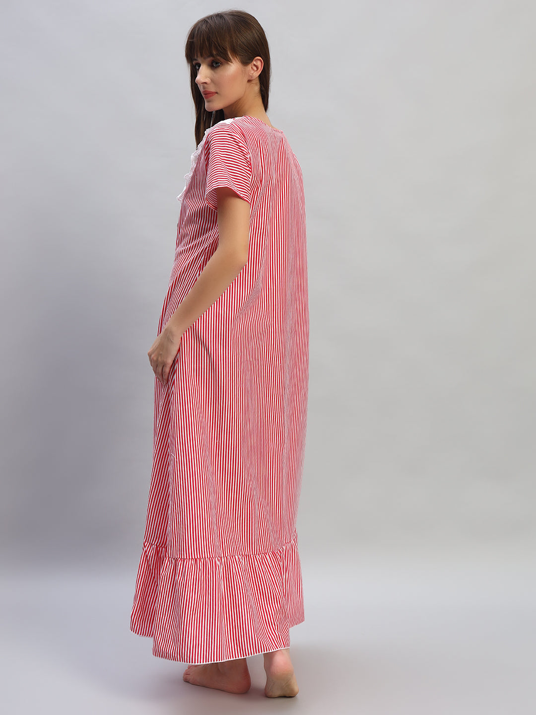 ❤️ Red & White Striped Cotton Night Gown with Lace Yoke – Comfortable Maxi Nightwear for Women