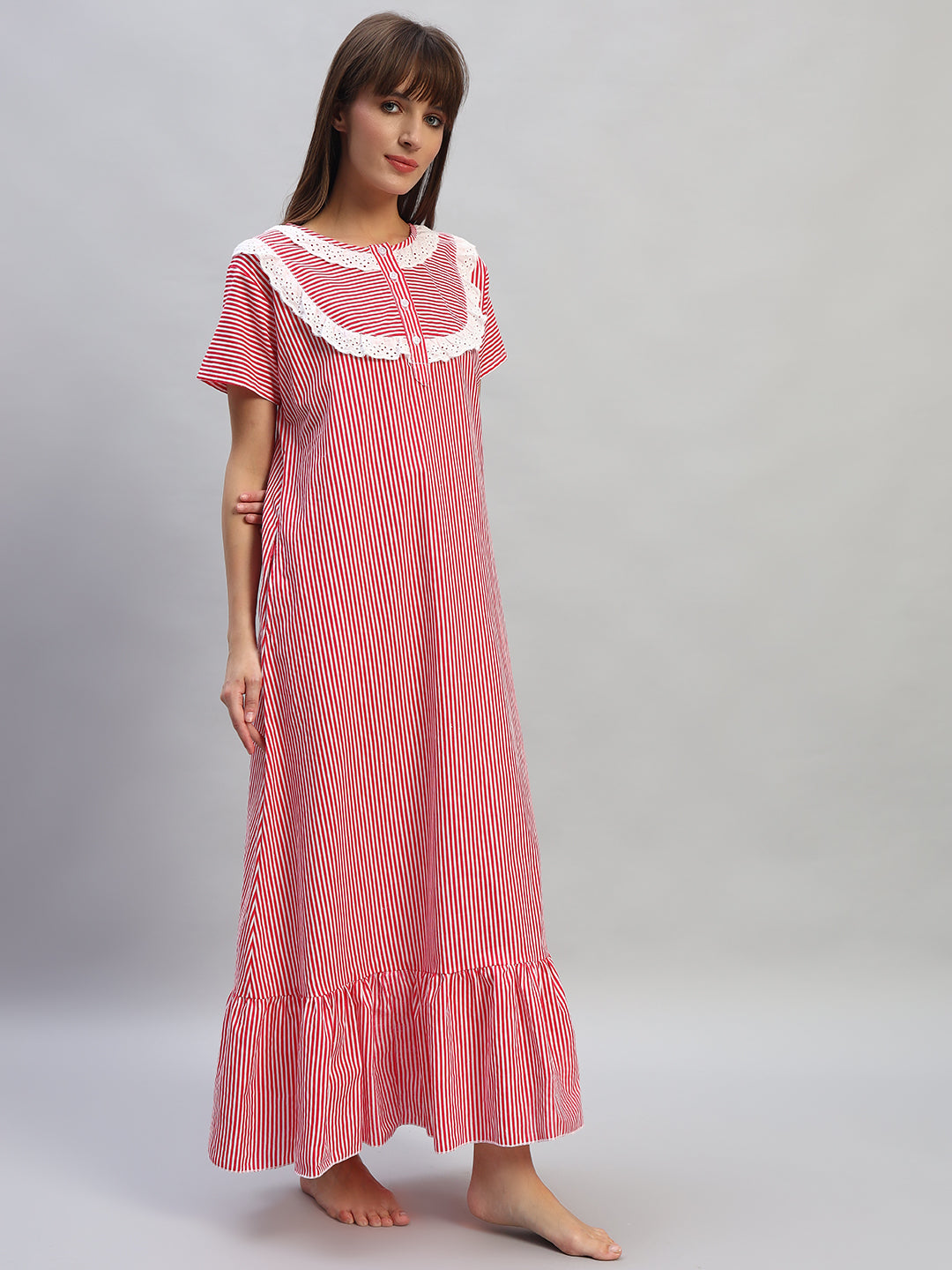 ❤️ Red & White Striped Cotton Night Gown with Lace Yoke – Comfortable Maxi Nightwear for Women