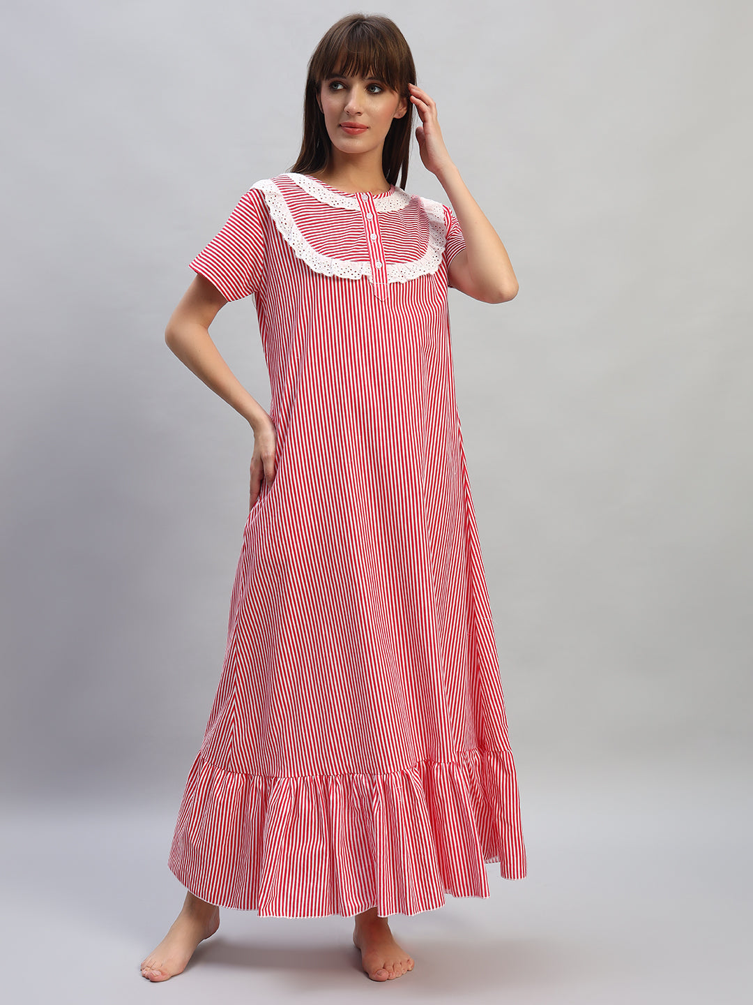 ❤️ Red & White Striped Cotton Night Gown with Lace Yoke – Comfortable Maxi Nightwear for Women