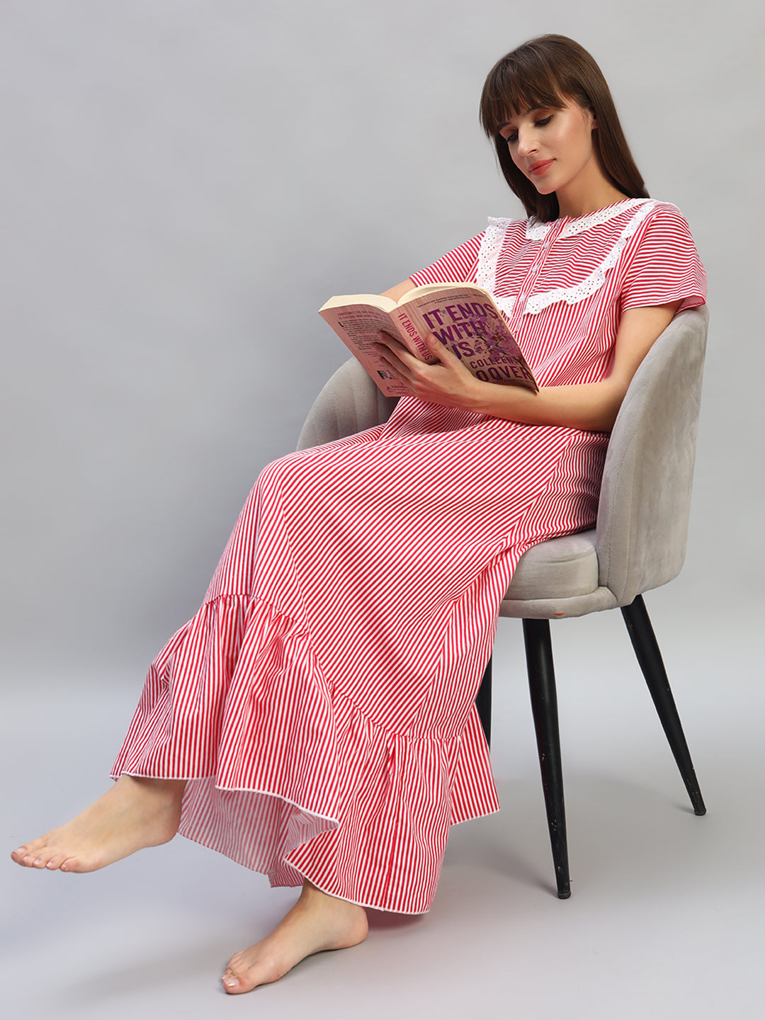 ❤️ Red & White Striped Cotton Night Gown with Lace Yoke – Comfortable Maxi Nightwear for Women