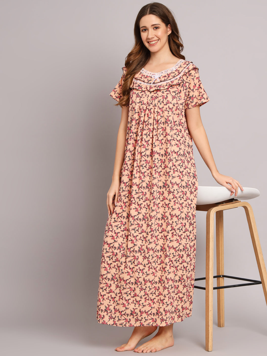 Women's Peach Floral Cotton Maxi Nighty | Soft Half Sleeve Full Length Night Gown