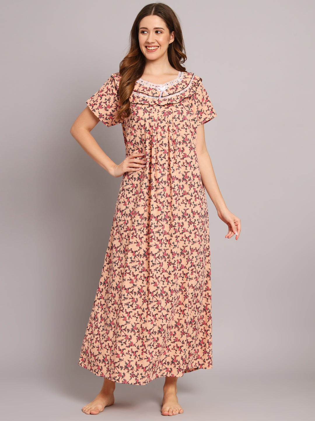 Women's Peach Floral Cotton Maxi Nighty | Soft Half Sleeve Full Length Night Gown