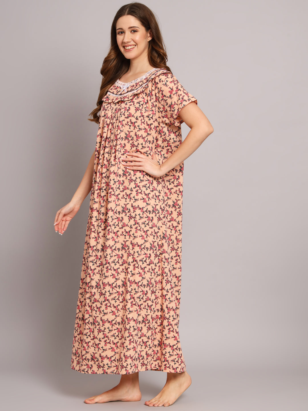 Women's Peach Floral Cotton Maxi Nighty | Soft Half Sleeve Full Length Night Gown