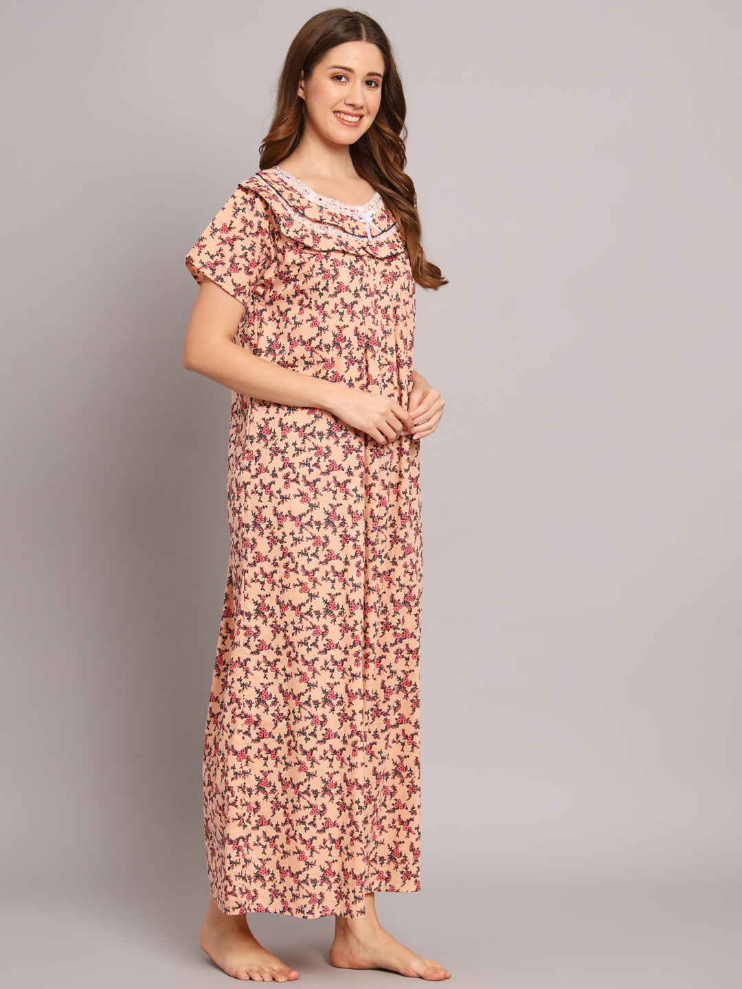 Women's Peach Floral Cotton Maxi Nighty | Soft Half Sleeve Full Length Night Gown