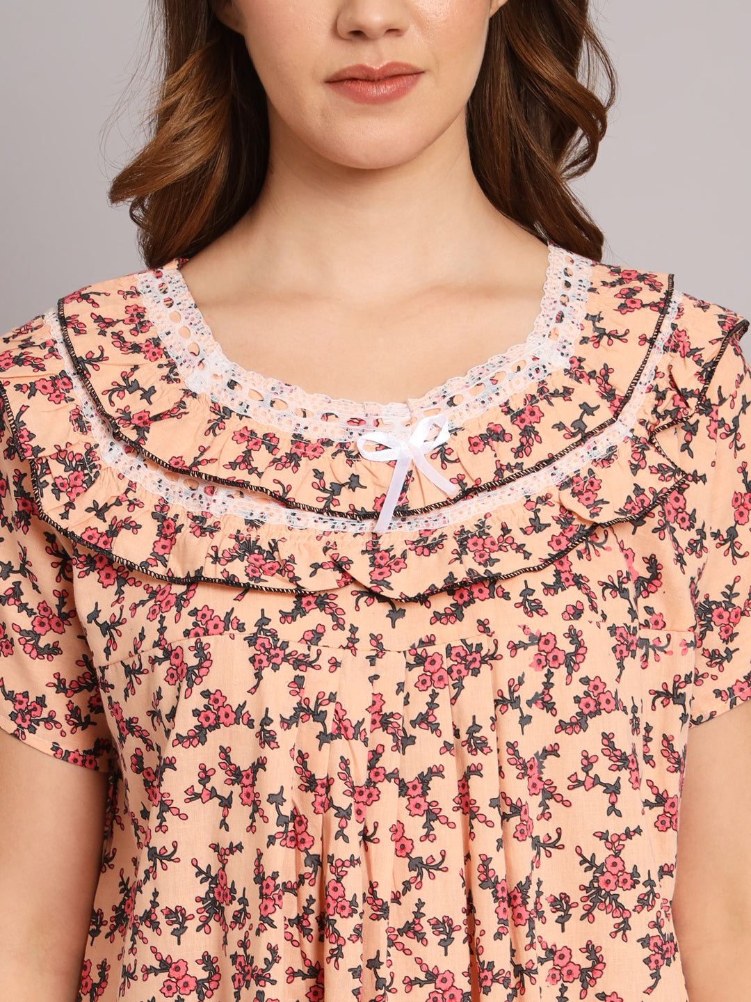 Women's Peach Floral Cotton Maxi Nighty | Soft Half Sleeve Full Length Night Gown