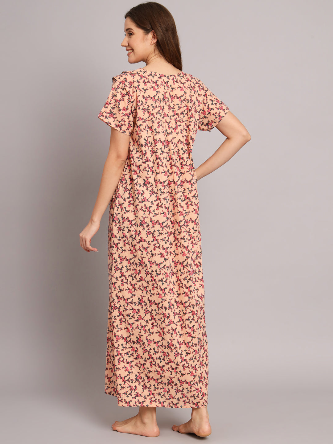 Women's Peach Floral Cotton Maxi Nighty | Soft Half Sleeve Full Length Night Gown