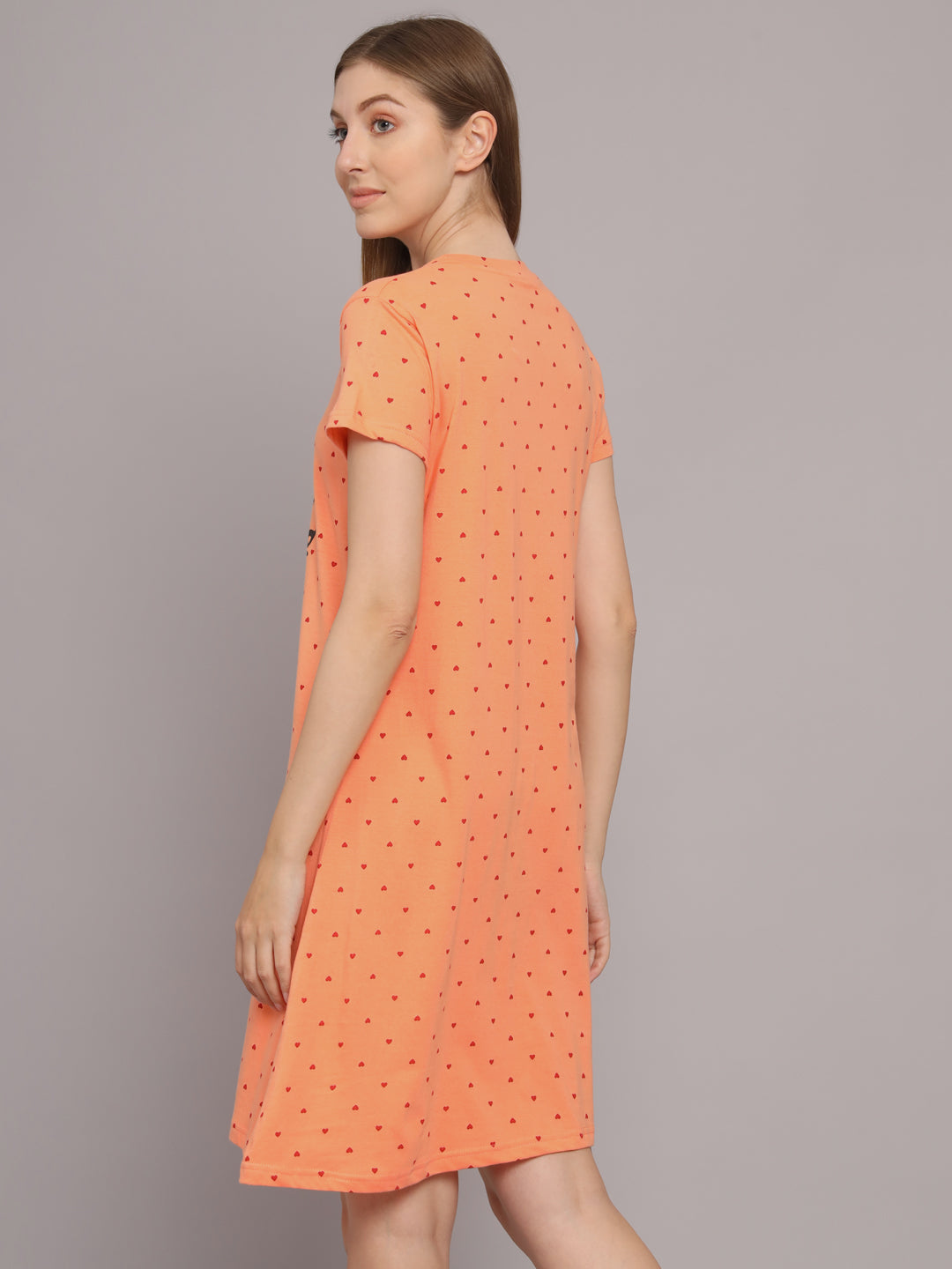 Sephani Women's Peach Hosiery Printed Nightdress | Soft Round Neck Short Sleeve Sleepwear