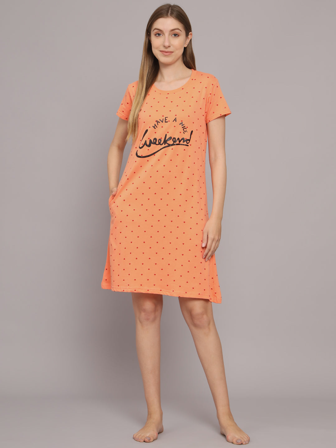 Sephani Women's Peach Hosiery Printed Nightdress | Soft Round Neck Short Sleeve Sleepwear