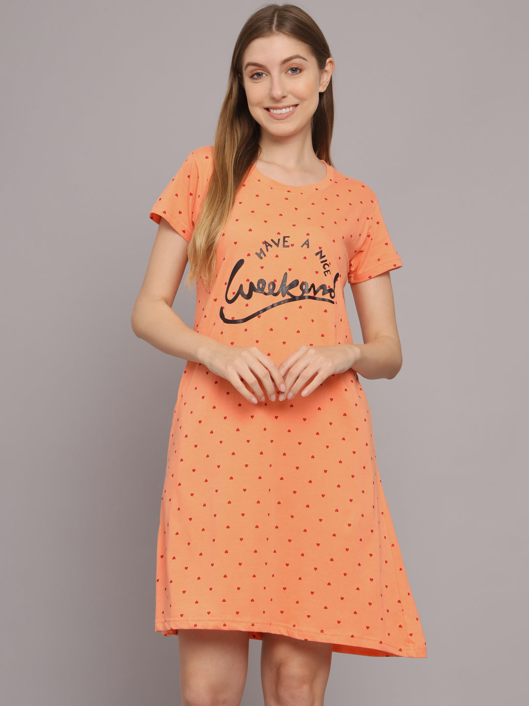 Sephani Women's Peach Hosiery Printed Nightdress | Soft Round Neck Short Sleeve Sleepwear