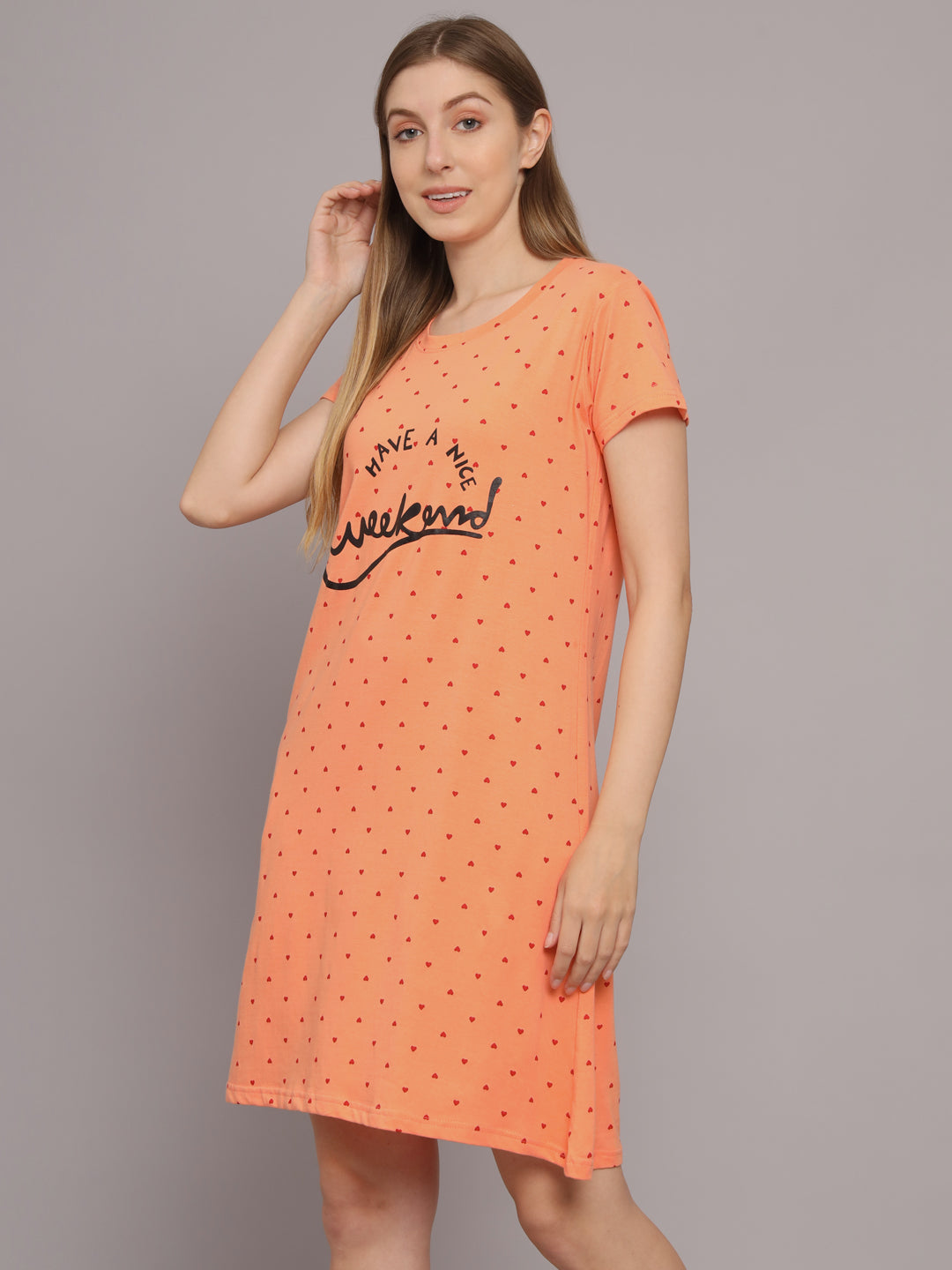 Sephani Women's Peach Hosiery Printed Nightdress | Soft Round Neck Short Sleeve Sleepwear