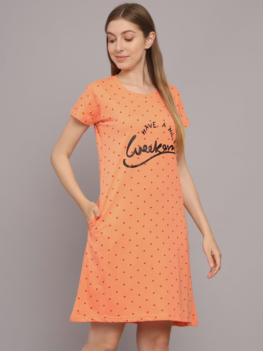 Sephani Women's Peach Hosiery Printed Nightdress | Soft Round Neck Short Sleeve Sleepwear