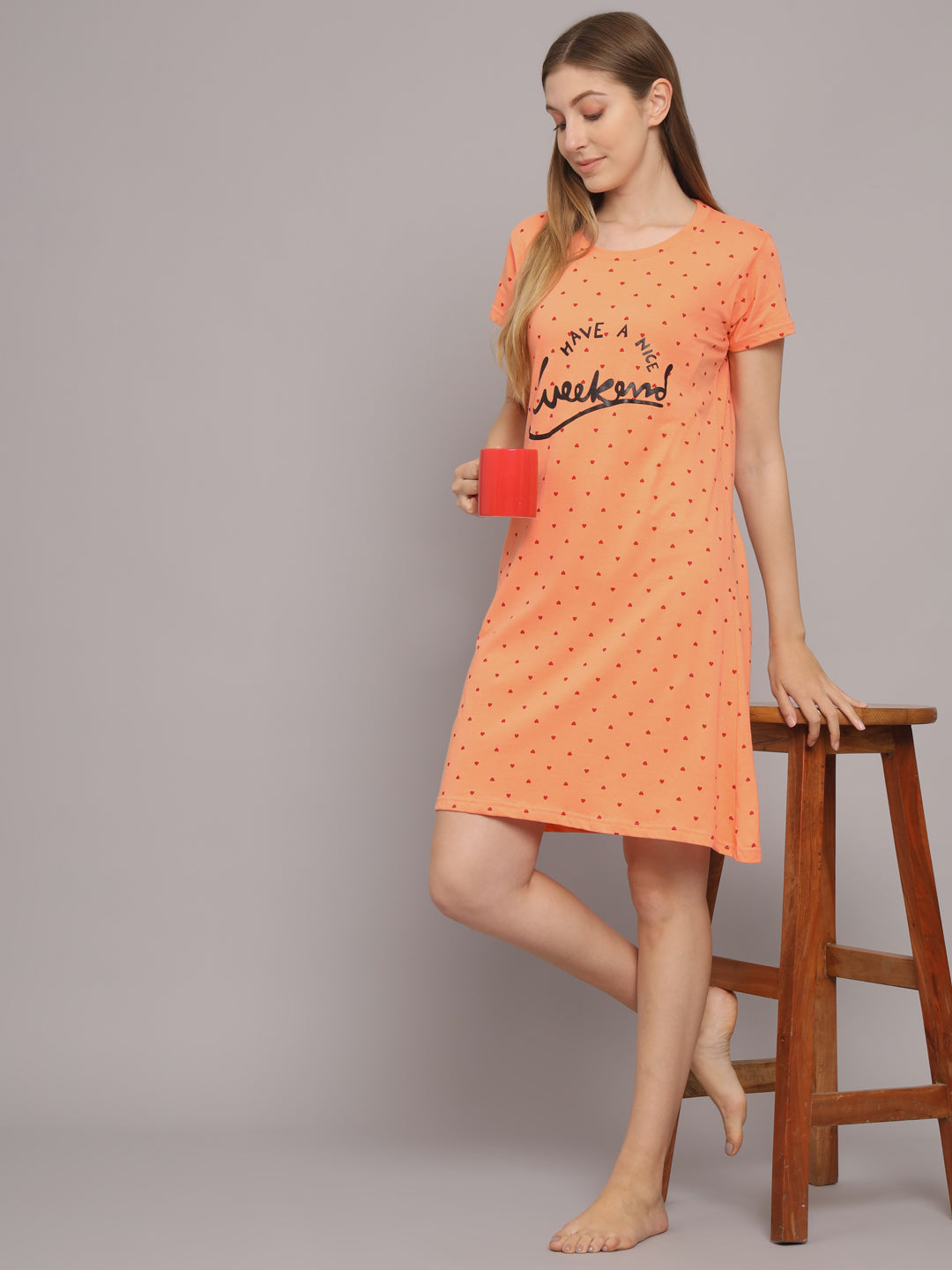 Sephani Women's Peach Hosiery Printed Nightdress | Soft Round Neck Short Sleeve Sleepwear