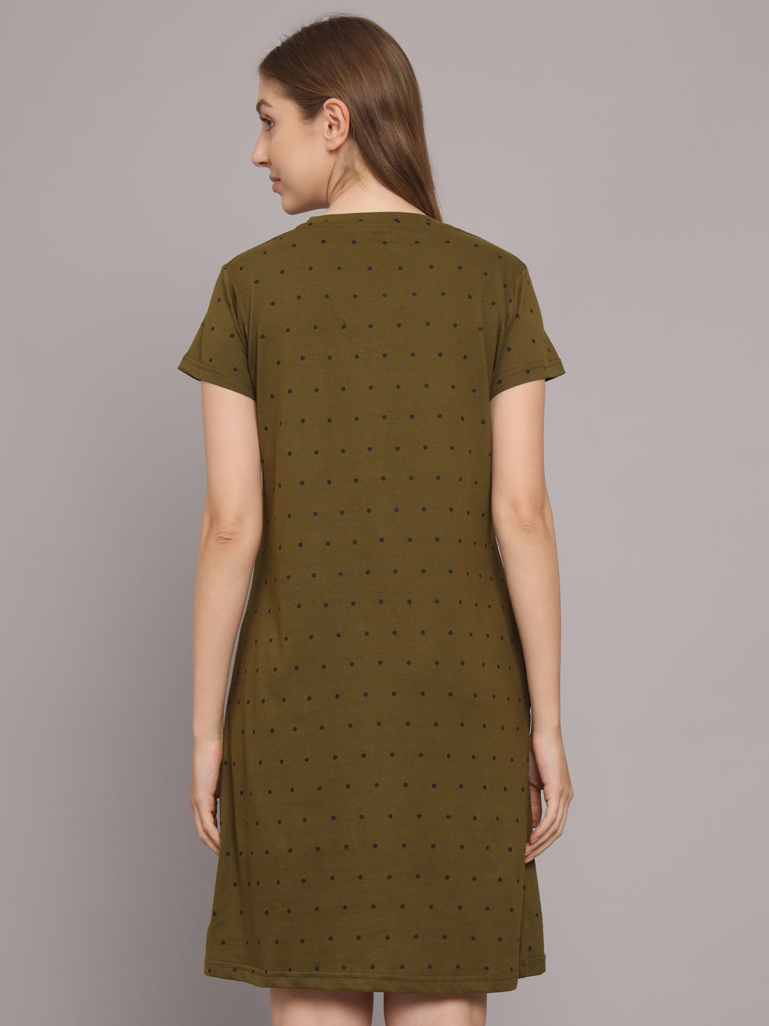 Sephani Women's Hosiery Olive Green Printed T-Shirt Nightdress with Pocket