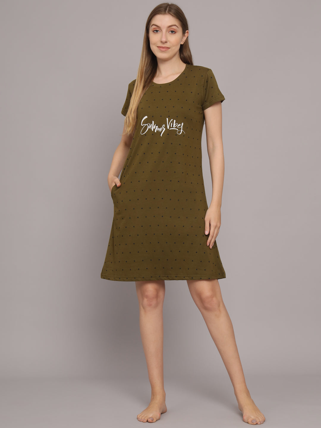 Sephani Women's Hosiery Olive Green Printed T-Shirt Nightdress with Pocket