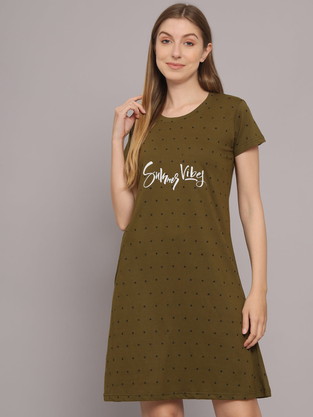 Sephani Women's Hosiery Olive Green Printed T-Shirt Nightdress with Pocket